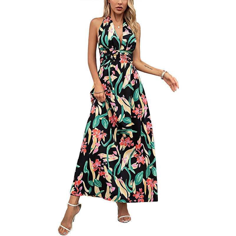 Women's Boho Floral Strap V Neck Halter Dress