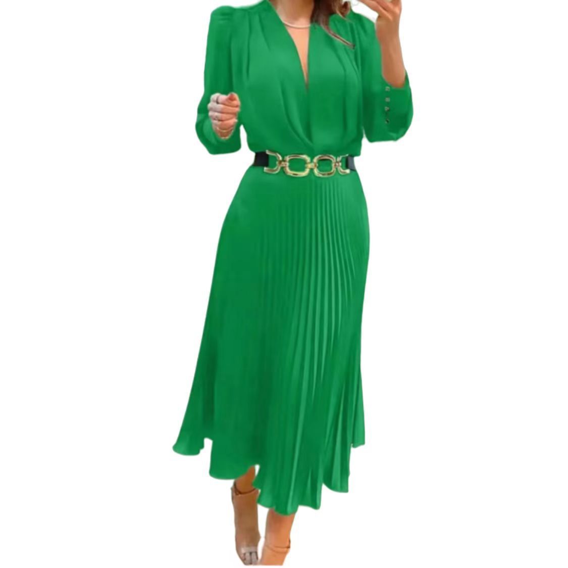 New Women's European And American Solid Color Plus Size Pleated Long Dress