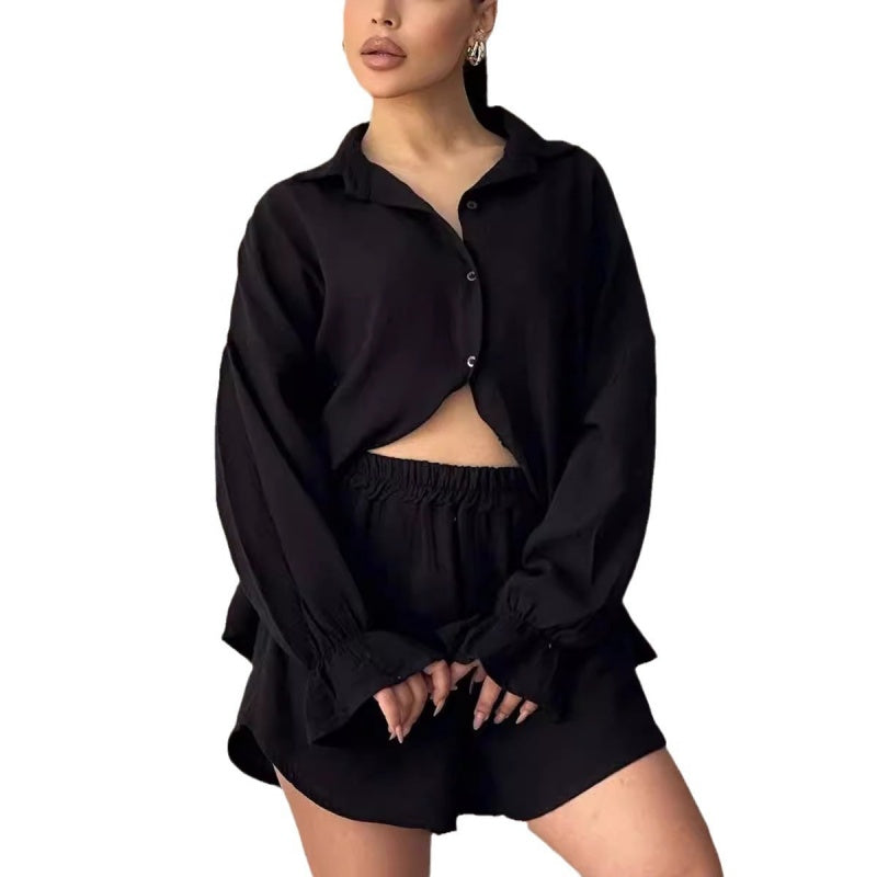 Women's Lapel Long Sleeve Shirt & High-Waisted Shorts 2-PCS Set