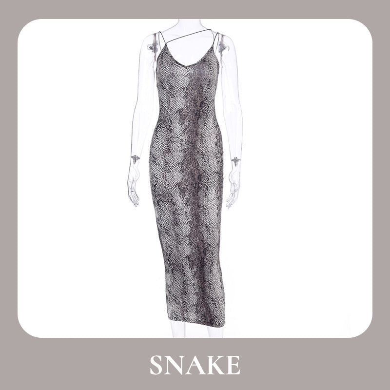 Women's Sexy Spaghetti Strap Leopard/Snake Print Bodycon Maxi Dress