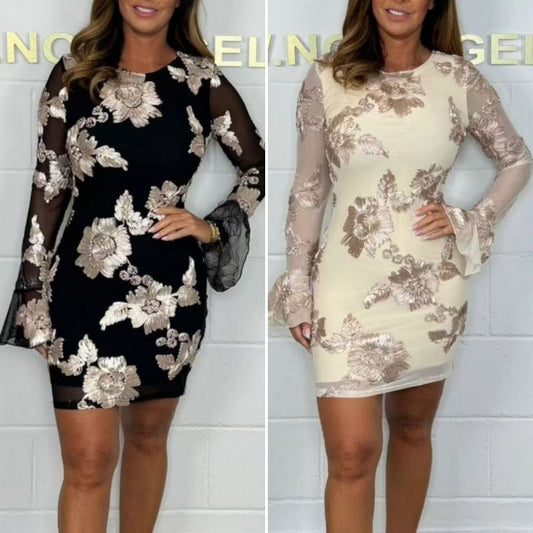 💕Limited Time 50% Off💕Women's Elegant Floral Embroidered Bell Sleeves Bodycon Dress