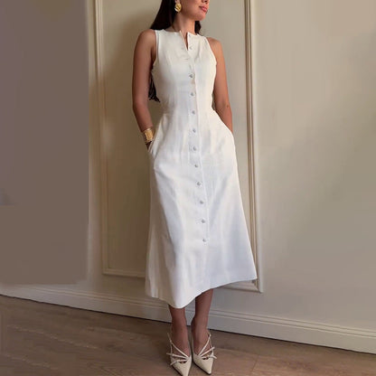 Women’s Elegant Sleeveless Button-Front Tie Waist Dress