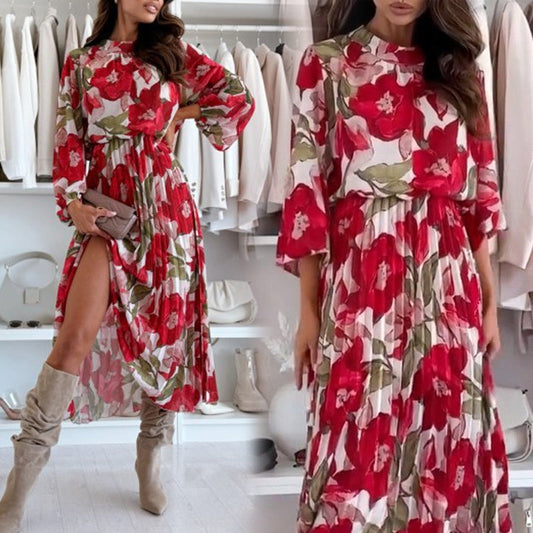 Women's Floral Print Pleated Dress with Slit