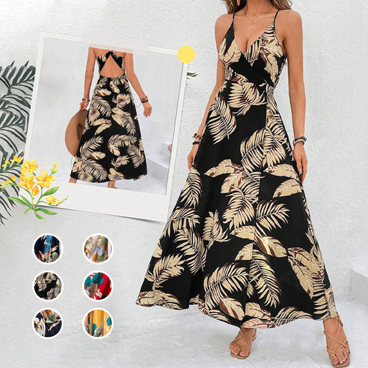 Women's Sexy Floral Print Backless V-Neck High Slit Maxi Dress
