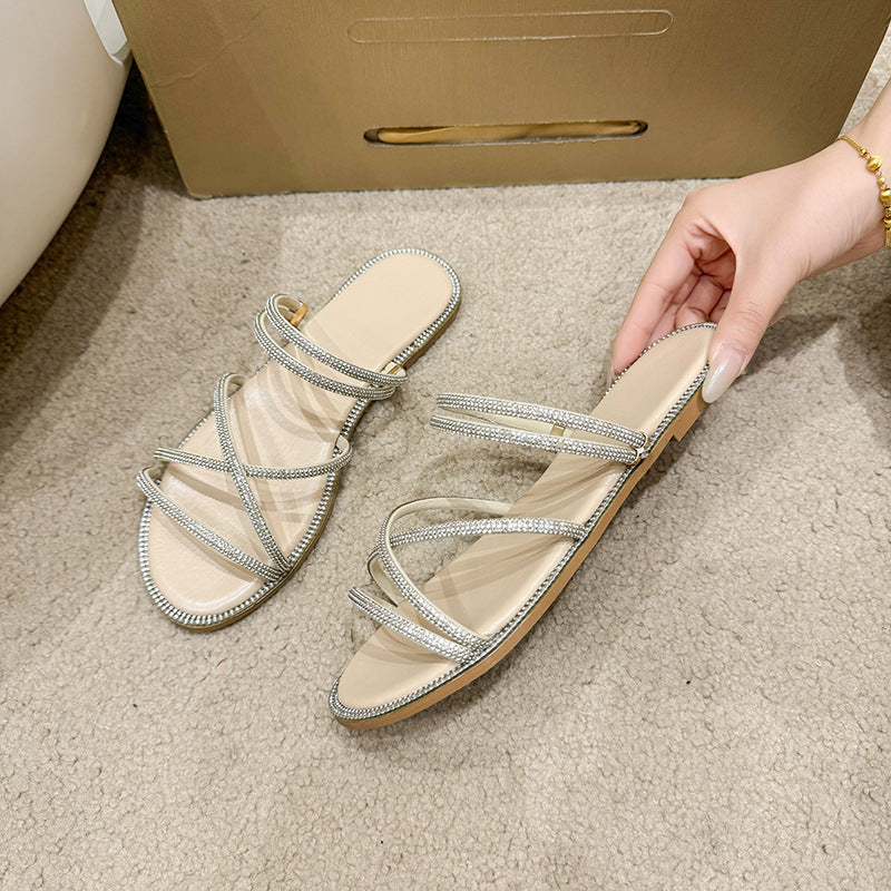 Shiny Rhinestone Casual Soft-soled Slippers
