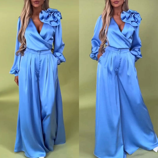 🌸NEW HOT SALE✨Women’s V-Neck Top & Wide-Leg Pants 2-Piece Set – Chic & Comfortable! 🌸