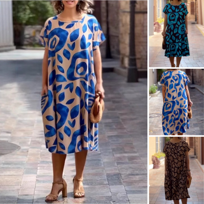 Women's Round Neck Printed Casual Loose Short Sleeve Dress