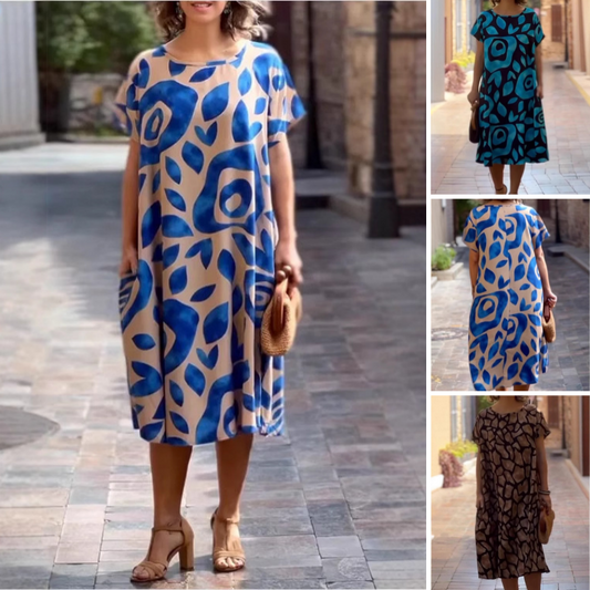 Women's Round Neck Printed Casual Loose Short Sleeve Dress