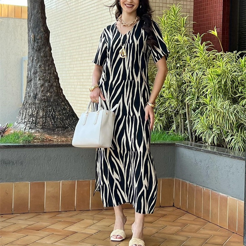 Women's Printed V-Neck Dress with Side Slit