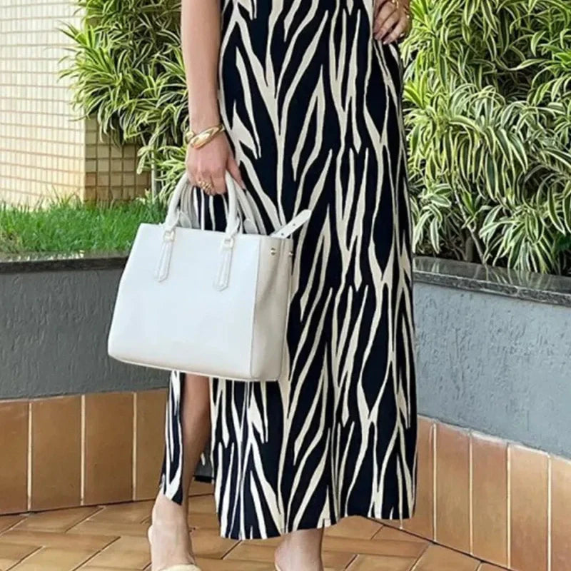 Women's Printed V-Neck Dress with Side Slit