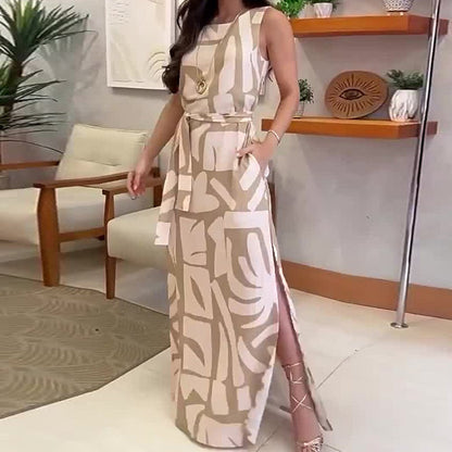 Elegant Printed Sleeveless Side-Slit Dress