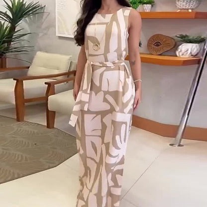 Elegant Printed Sleeveless Side-Slit Dress