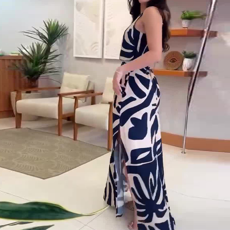 Elegant Printed Sleeveless Side-Slit Dress