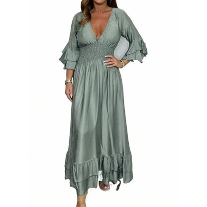 High-Waisted Pleated Deep V-Neck Wide-Leg Jumpsuit