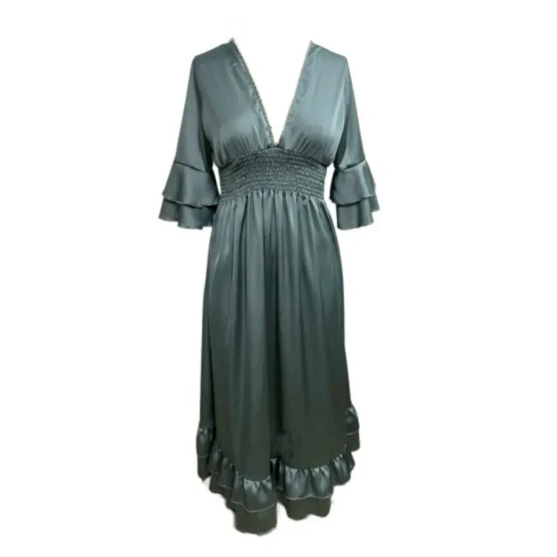 High-Waisted Pleated Deep V-Neck Wide-Leg Jumpsuit