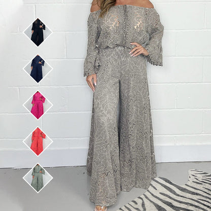 Women's two-piece set: lace top + wide-leg trousers