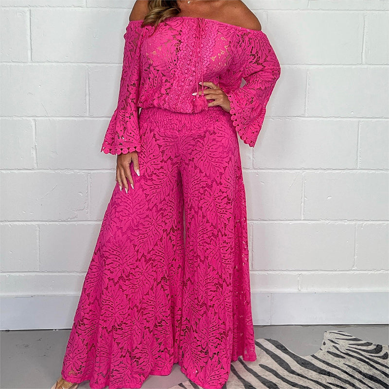 Women's two-piece set: lace top + wide-leg trousers