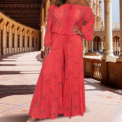 Women's two-piece set: lace top + wide-leg trousers