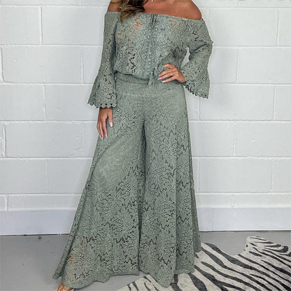 Women's two-piece set: lace top + wide-leg trousers