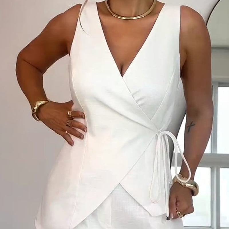 Women's Sleeveless Wrap-Style Top & High-Waisted Shorts