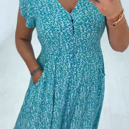 Women's Blue Leopard Print Short Sleeve V-Neck Dress