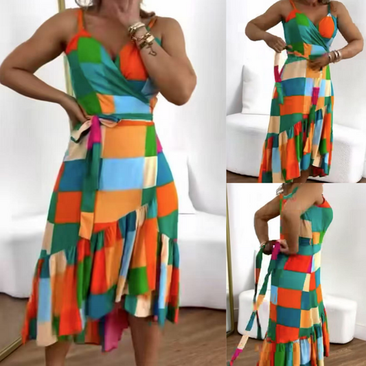 Women’s Colorful Geometric Print Tie Waist Ruffle Hem Dress