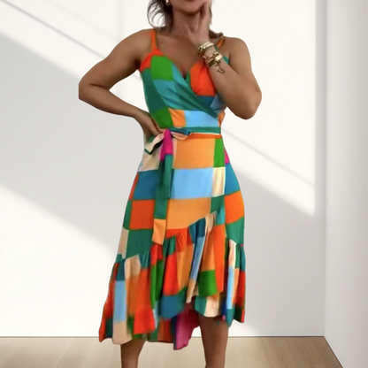Women’s Colorful Geometric Print Tie Waist Ruffle Hem Dress
