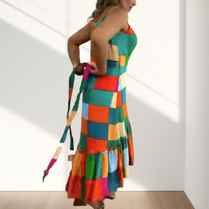 Women’s Colorful Geometric Print Tie Waist Ruffle Hem Dress