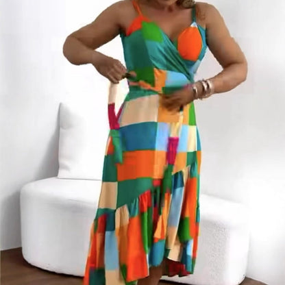 Women’s Colorful Geometric Print Tie Waist Ruffle Hem Dress