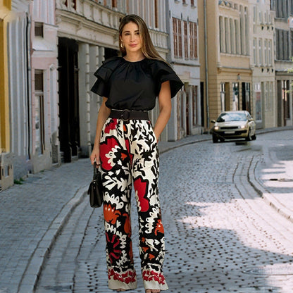 Women's Ruffle Short-Sleeve Tops ＆ Printed Pants Set