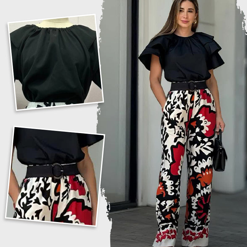 Women's Ruffle Short-Sleeve Tops ＆ Printed Pants Set