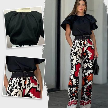 Women's Ruffle Short-Sleeve Tops ＆ Printed Pants Set