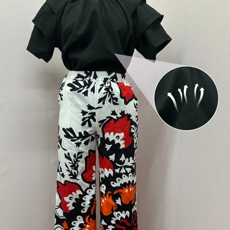 Women's Ruffle Short-Sleeve Tops ＆ Printed Pants Set