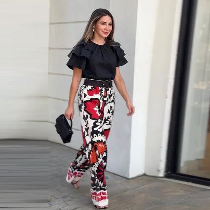 Women's Ruffle Short-Sleeve Tops ＆ Printed Pants Set