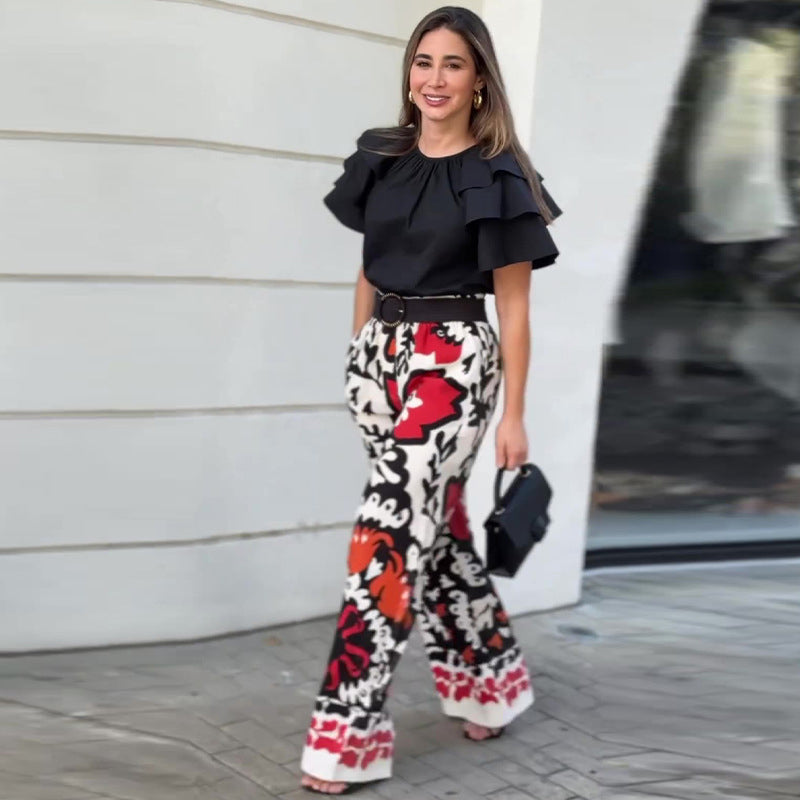 Women's Ruffle Short-Sleeve Tops ＆ Printed Pants Set