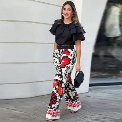 Women's Ruffle Short-Sleeve Tops ＆ Printed Pants Set