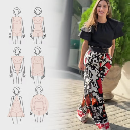 Women's Ruffle Short-Sleeve Tops ＆ Printed Pants Set