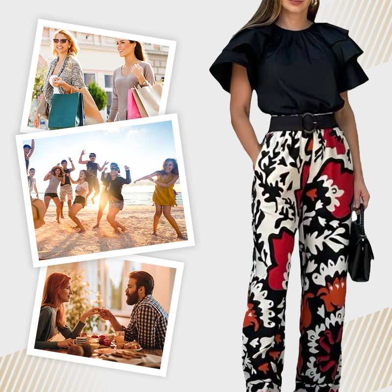 Women's Ruffle Short-Sleeve Tops ＆ Printed Pants Set