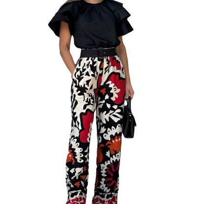 Women's Ruffle Short-Sleeve Tops ＆ Printed Pants Set