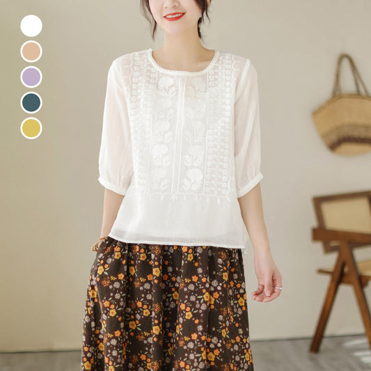 Women's Thin Embroidery Breathable Cotton Linen Short Sleeve Crew Neck Shirt