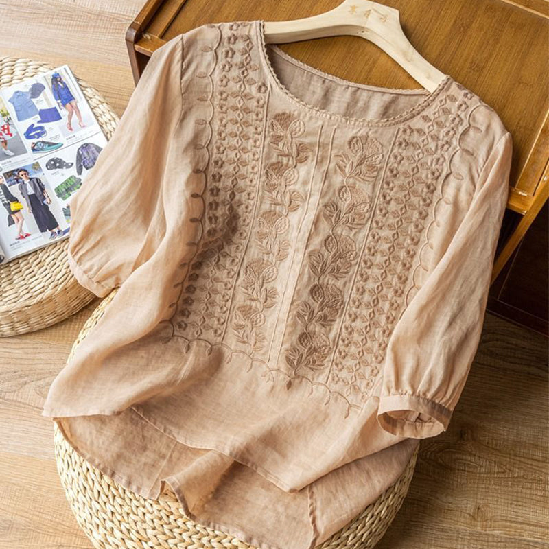 Women's Thin Embroidery Breathable Cotton Linen Short Sleeve Crew Neck Shirt