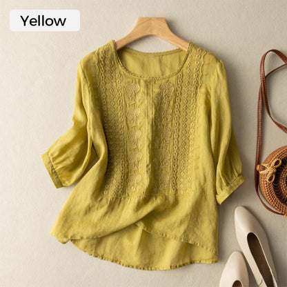 Women's Thin Embroidery Breathable Cotton Linen Short Sleeve Crew Neck Shirt