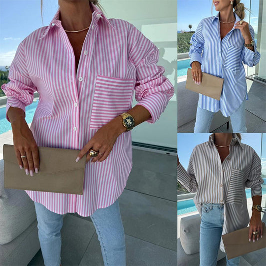 Women's Long Sleeve Casual Striped Loose Mid-Length Shirt