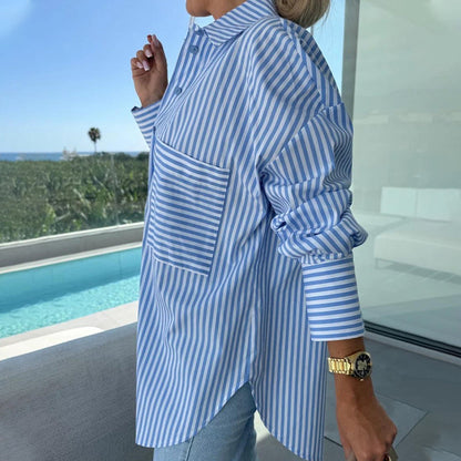 Women's Long Sleeve Casual Striped Loose Mid-Length Shirt