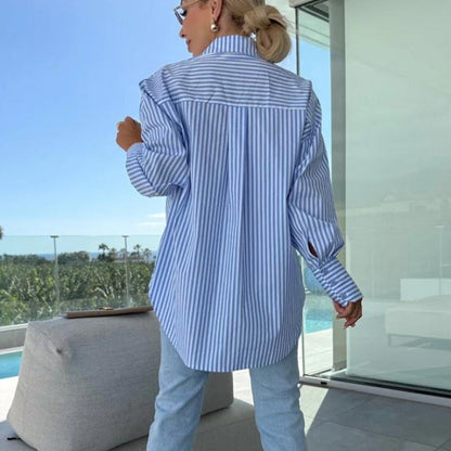 Women's Long Sleeve Casual Striped Loose Mid-Length Shirt