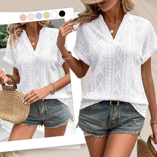 Women's V-Neck Jacquard Short Sleeve Loose Shirt