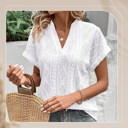 Women's V-Neck Jacquard Short Sleeve Loose Shirt