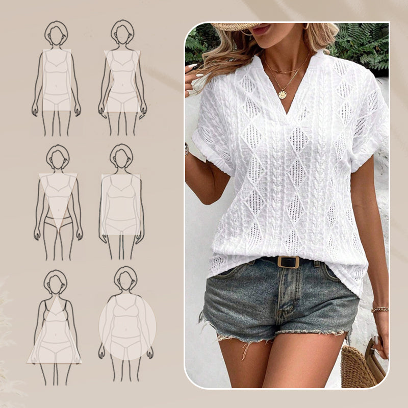 Women's V-Neck Jacquard Short Sleeve Loose Shirt