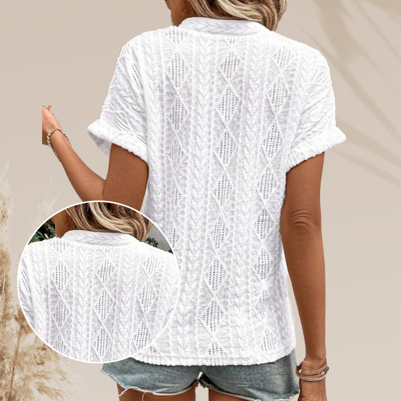 Women's V-Neck Jacquard Short Sleeve Loose Shirt
