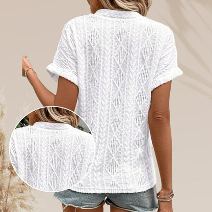Women's V-Neck Jacquard Short Sleeve Loose Shirt